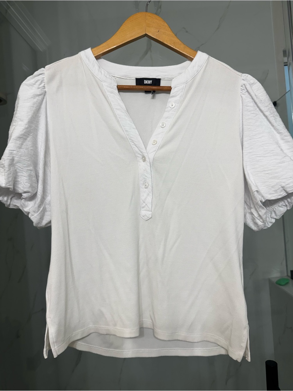DKNY White Button-Placket Puff Sleeve Top